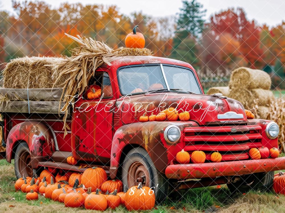 Kate Fall Rustic Red Pickup With Pumpkins Backdrop Designed by Patty Robert