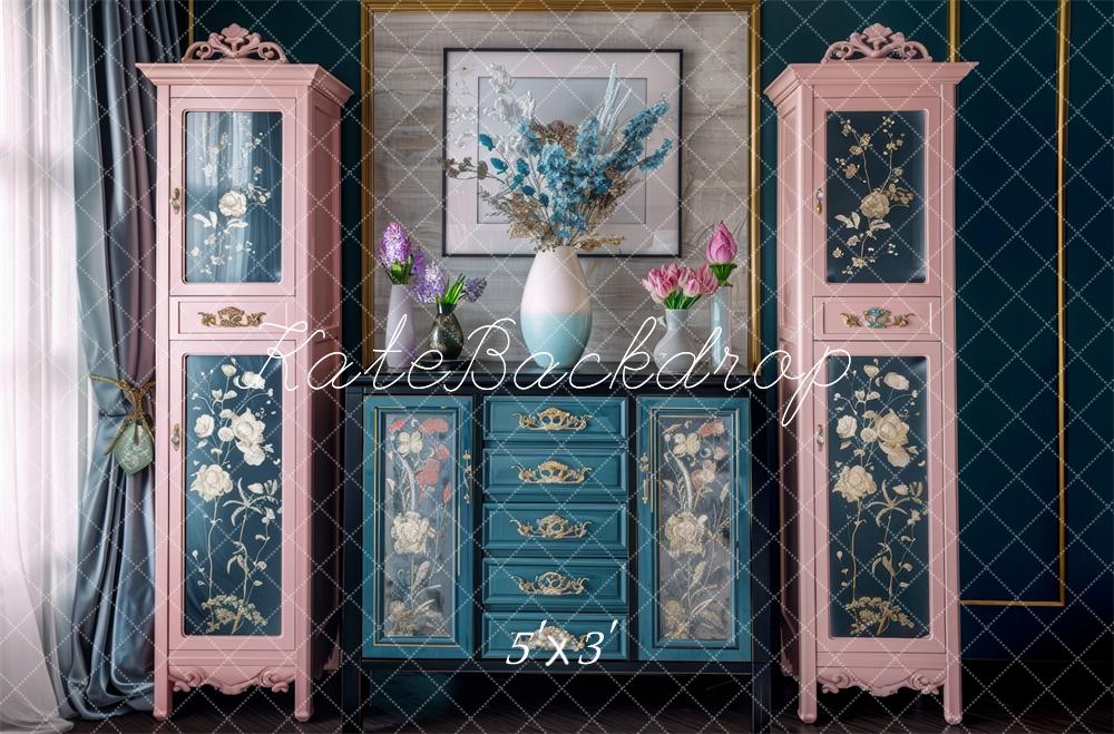 Pink Teal Floral Cabinet Vintage Foto Achtergrond Designed by Mini MakeBelieve