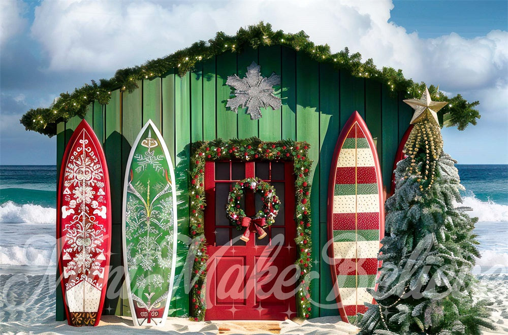 Kerstboom Zee Strand Surfplank Winkel Foto Achtergrond
