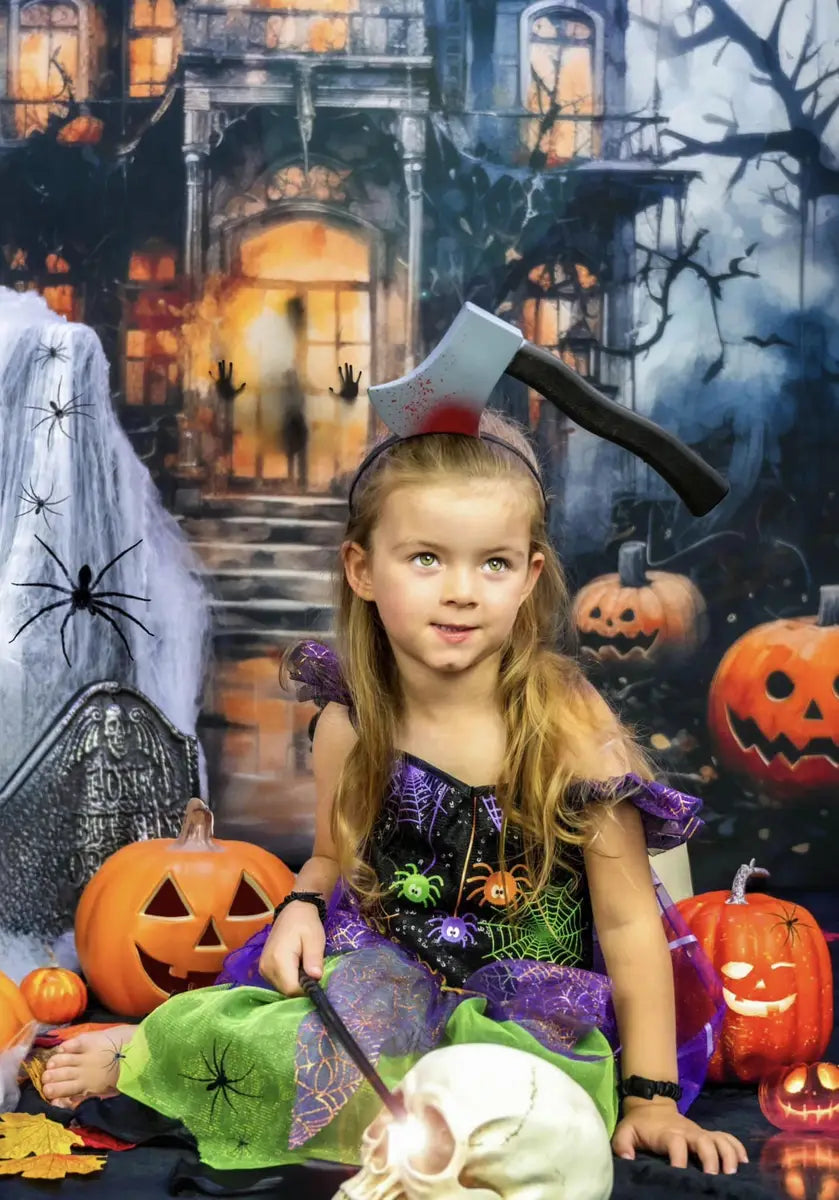 Kate Halloween Spooky Watercolor Mansion Backdrop Designed by Happy Squirrel Design