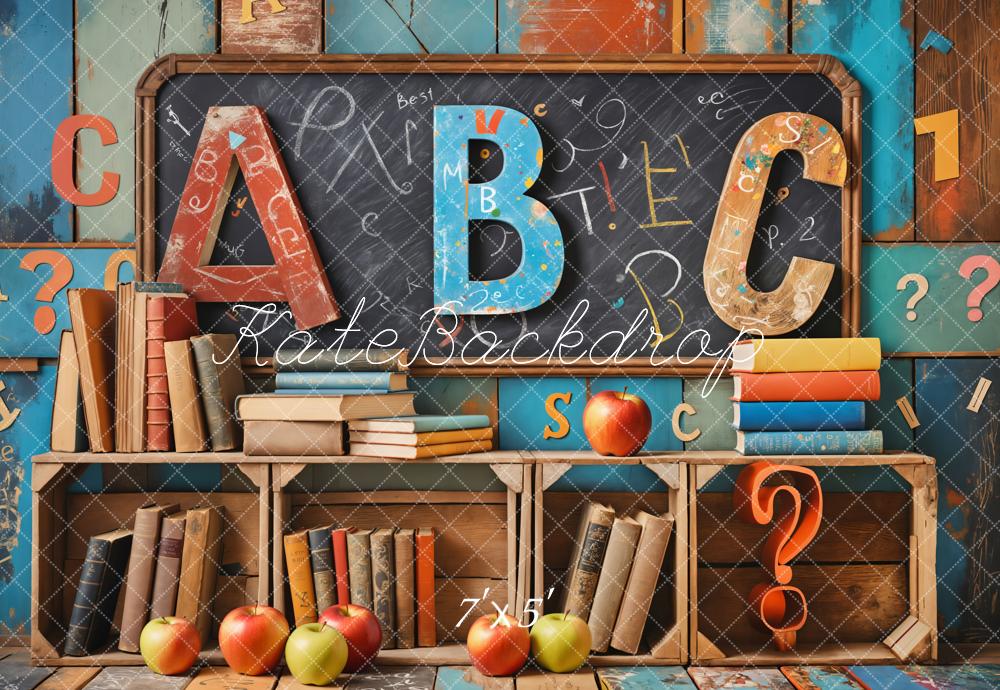 Back to School Book Blackboard Colorful Wooden Wall Backdrop Designed by Emetselch