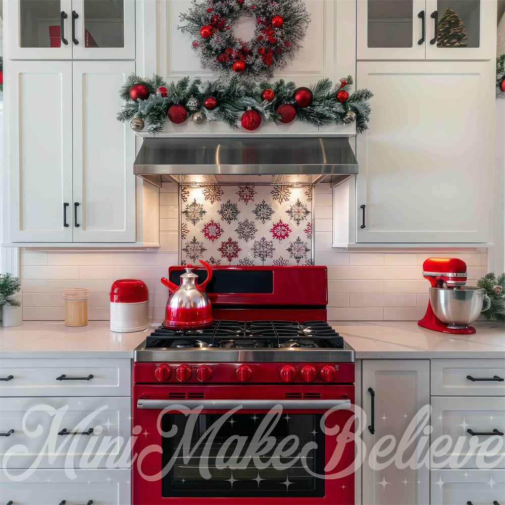 Cocina Moderna Blanca de Navidad con Fondo de Horno Rojo Diseñado por Mini MakeBelieve