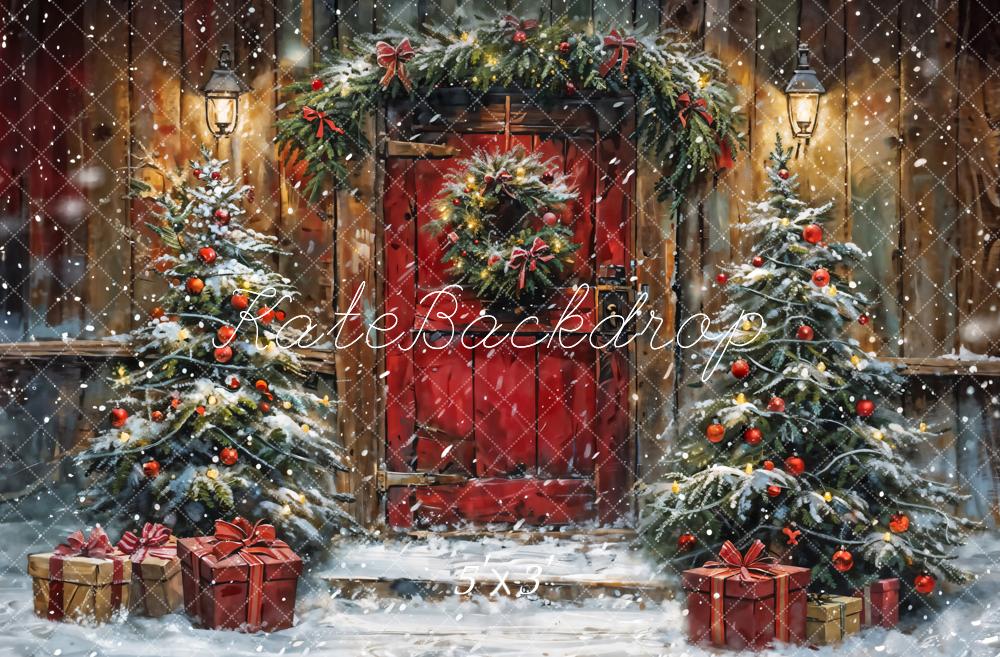 Kate Winter Christmas Red Door Wooden Cabin Backdrop Designed by Chain Photography