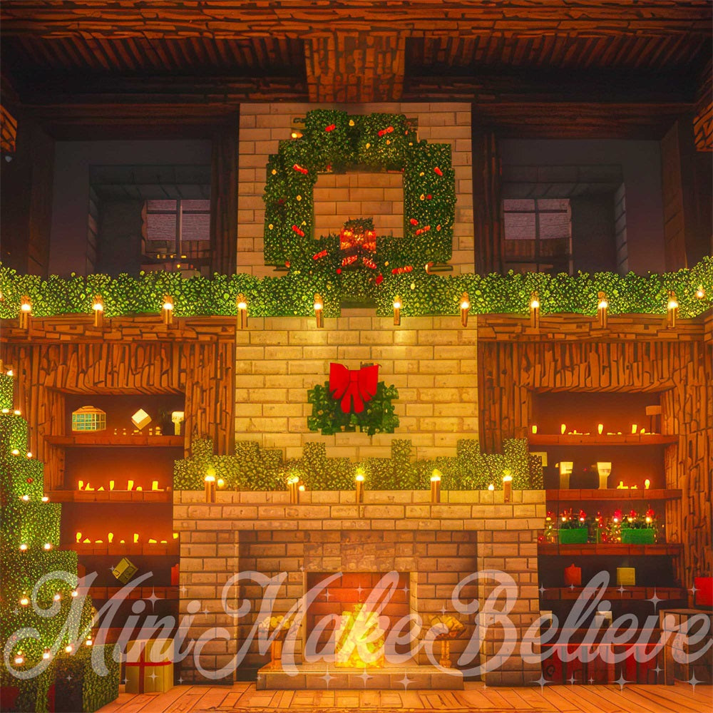 Kate Christmas Brown Brick Fireplace Block Room Backdrop Designed by Mini MakeBelieve