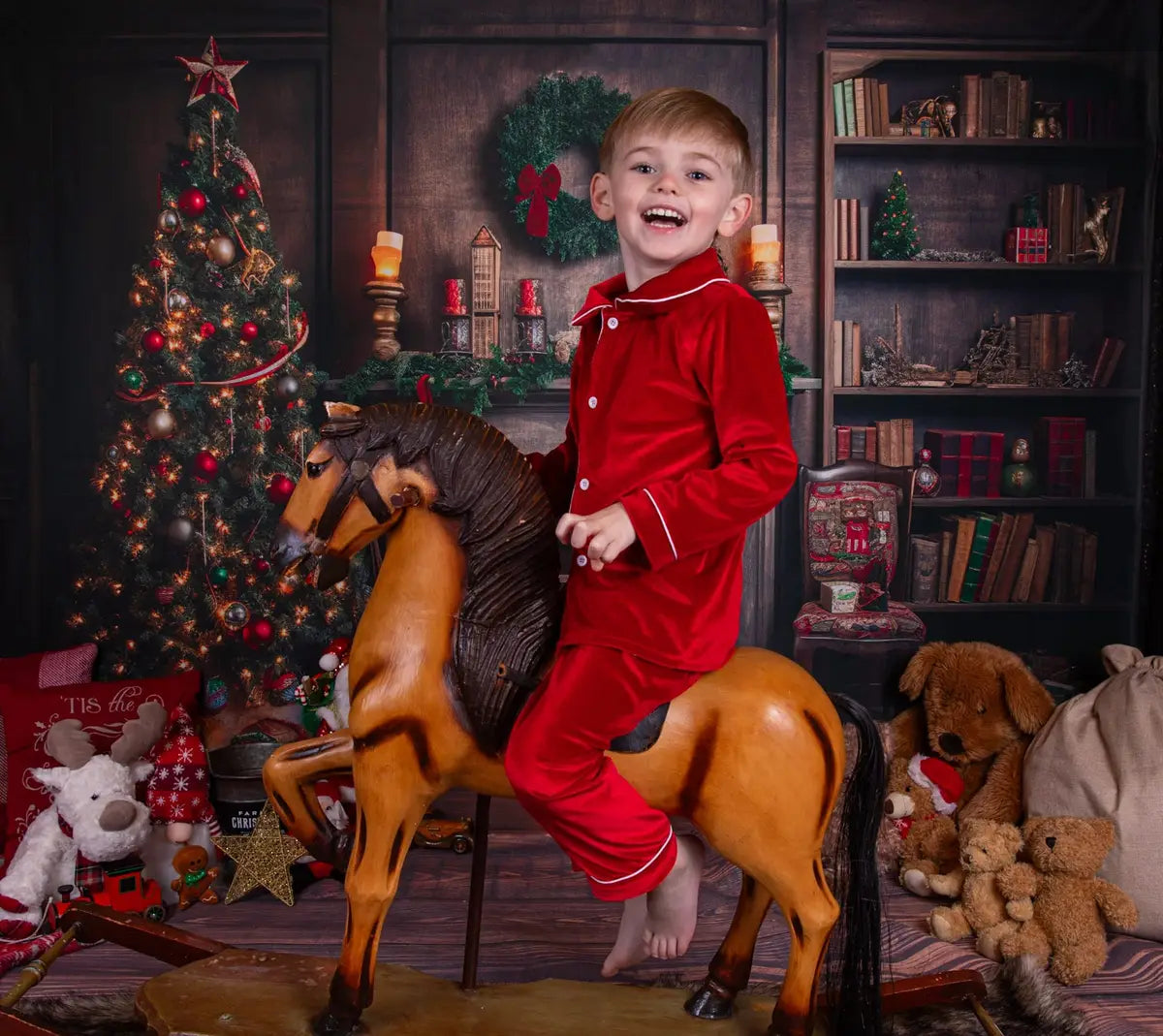 Retro Albero di Natale Camino Babbo Natale Casa Calda Libro Sfondo per Fotografia