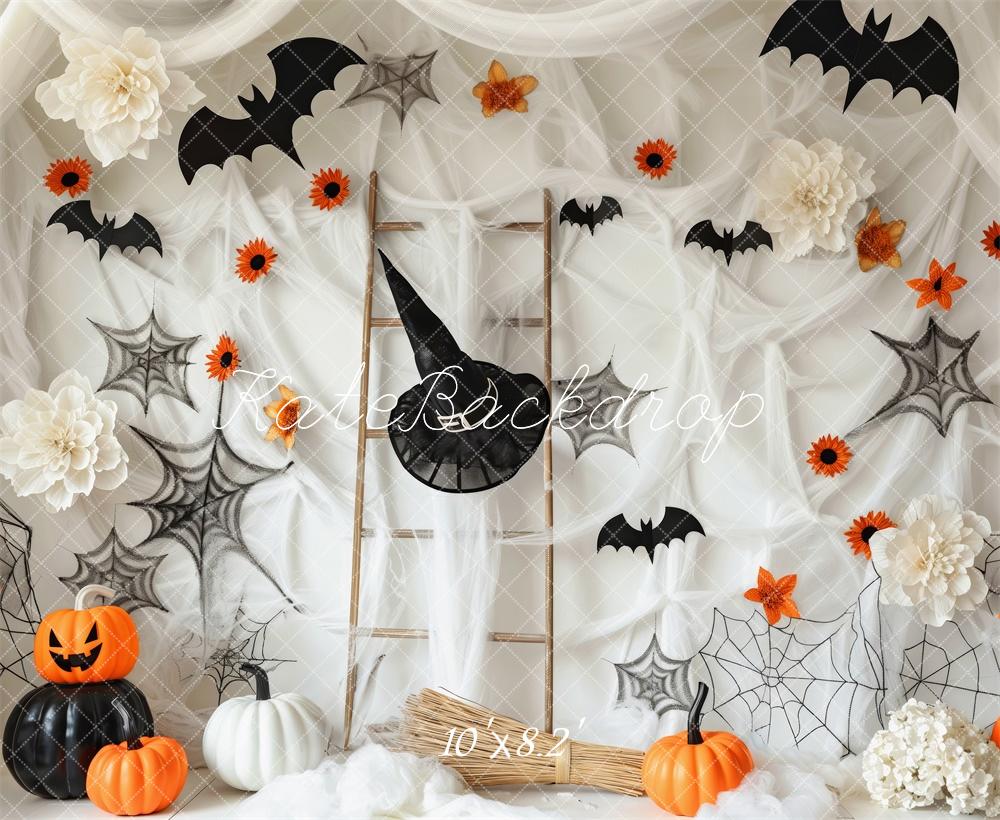 Kate Halloween Spider Webs With Bats Pumpkins Backdrop Designed by Patty Roberts