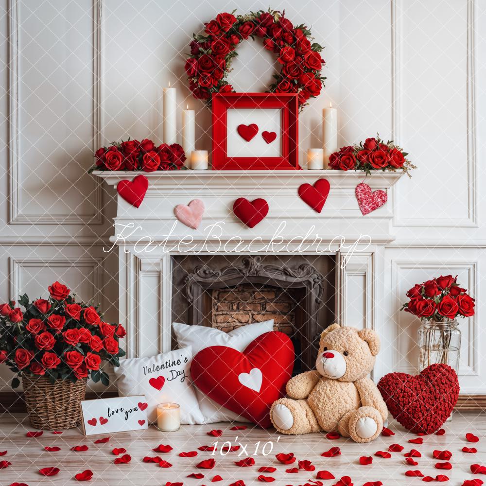 Kate Valentine Fireplace Teddy Bear Roses Backdrop Designed by Emetselch