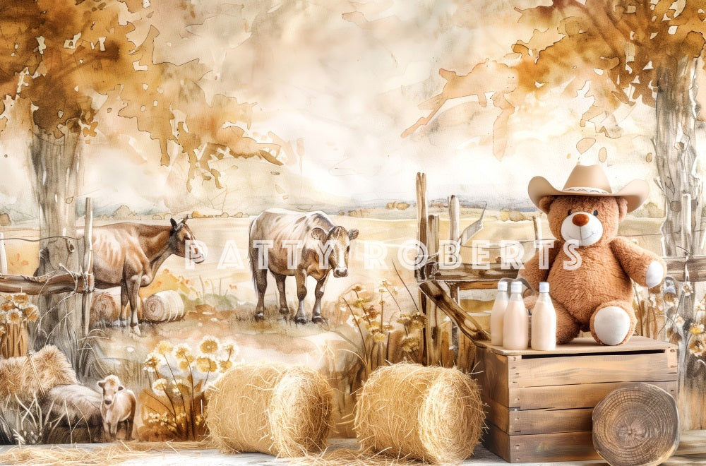 Kate Retro Cartoon Farm Cow Teddy Bear Milk Backdrop Designed by Patty Robert