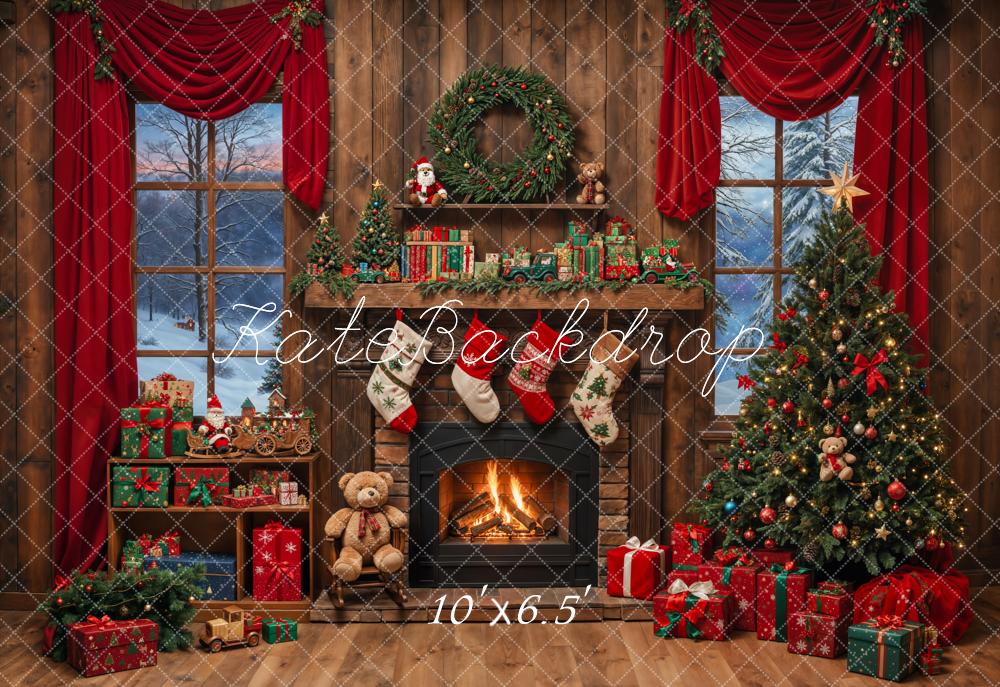 Kate Christmas Tree Fireplace Wooden Backdrop Designed by Emetselch