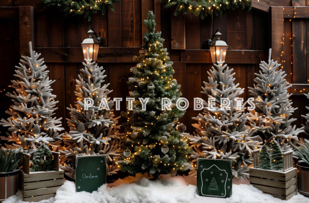 Fondo de tienda de árbol de Navidad rústico diseñado por Patty Robert