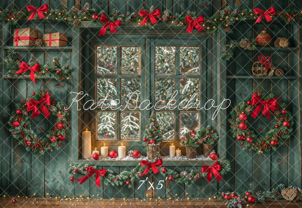 Kate Christmas Green Retro Wood Wall Window Backdrop Designed by Emetselch