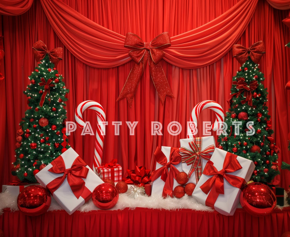 Kate Christmas Tree Red Curtain With Gifts Backdrop Designed by Patty Robert