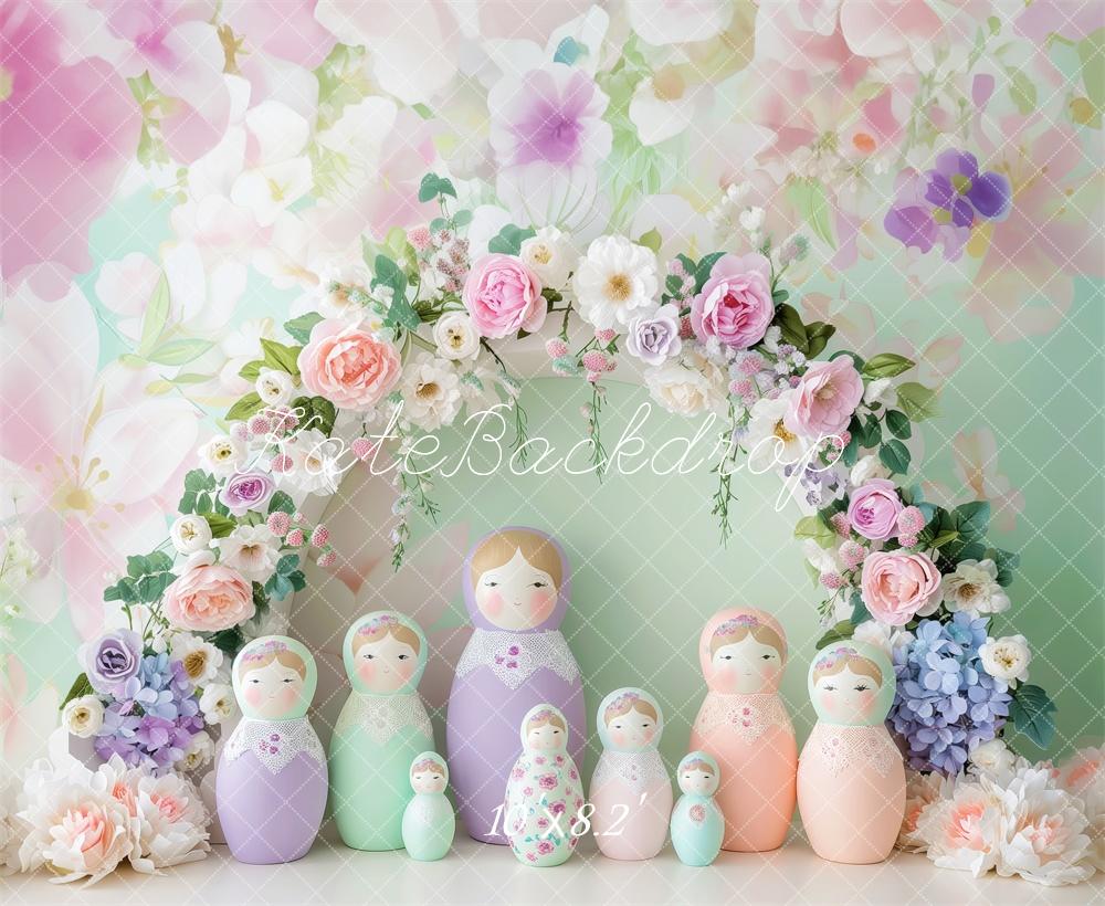 Kate Floral Arch Pastel Matryoshka Dolls Backdrop Designed by Patty Robert