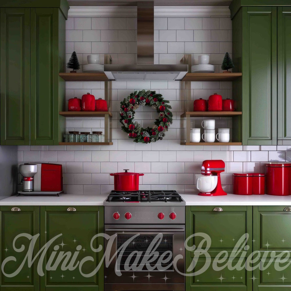 Kate Christmas Vintage Green Kitchen White Brick Wall Backdrop Designed by Mini MakeBelieve