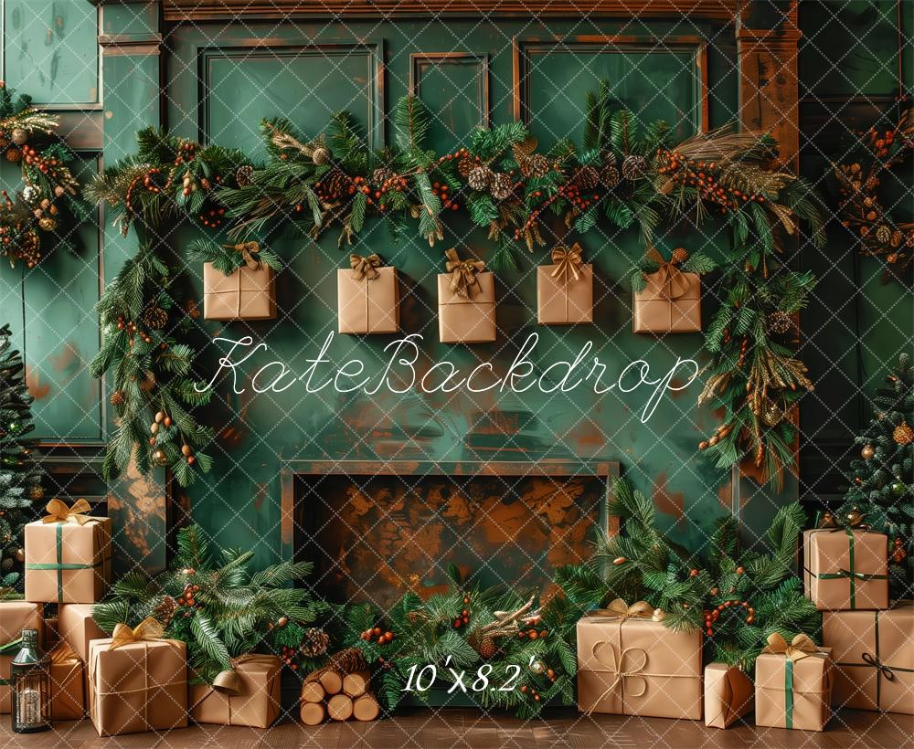 Kate Christmas Green Wall Brown Gifts Fireplace Backdrop Designed by Patty Robert