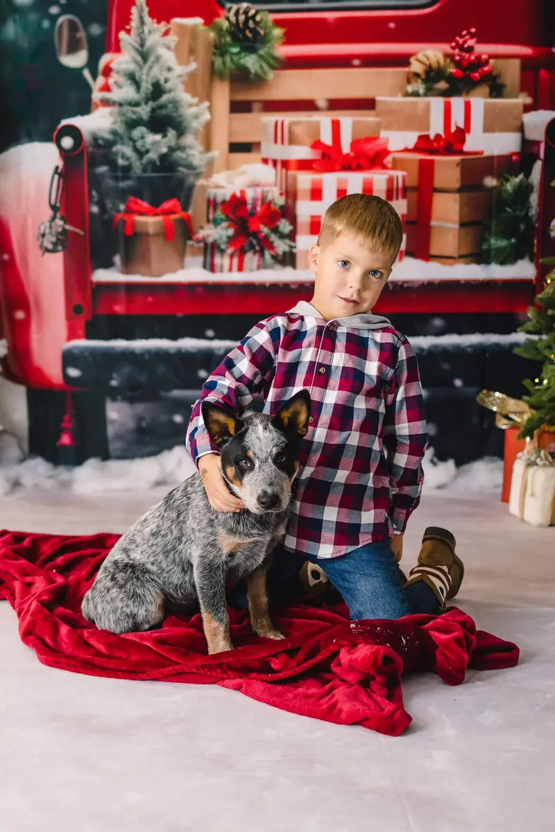 Kate Winter Christmas Tree Farm Red Barn Backdrop Designed by Chain Photography