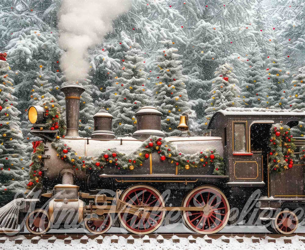 Winter Outdoor Bos Kerst Retro Trein Achtergrond Ontworpen door Mini MakeBelieve