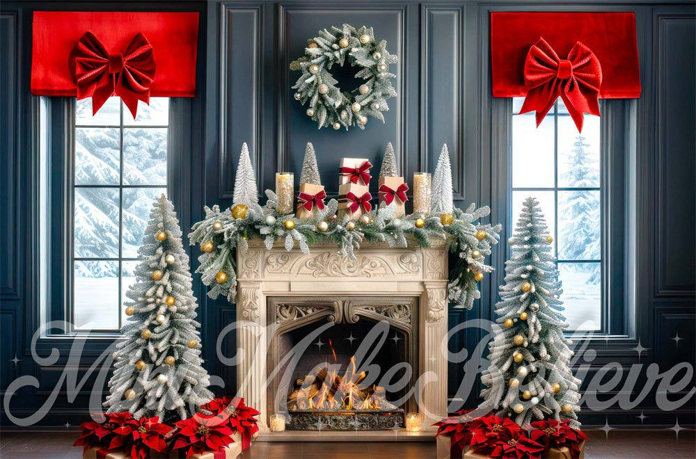 Kate Christmas Golden Retro Fireplace Blue Wall Backdrop Designed by Mini MakeBelieve