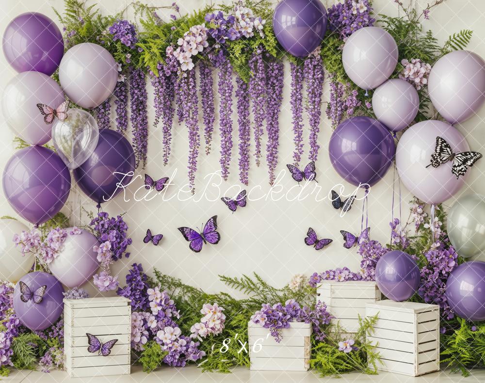 Kate Cake Smash Purple Balloon Floral Butterflies Backdrop Designed by Emetselch