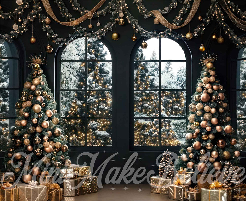 Sfondo interno natalizio invernale per finestra arcuata nera progettato da Mini MakeBelieve