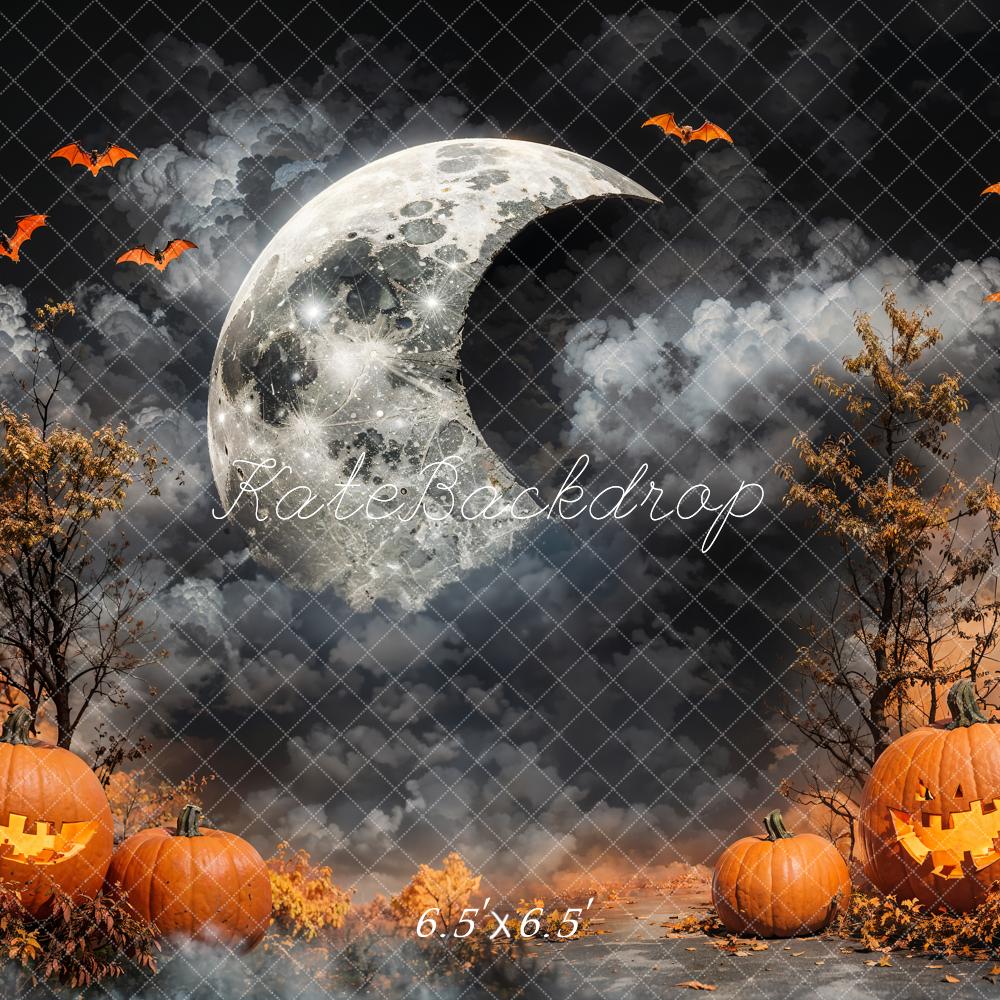 Kate Halloween Crescent Moon Dark Cloud Pumpkin Lanterns Backdrop Designed by Emetselch