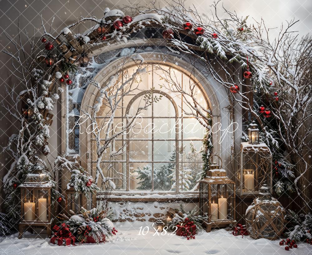 Kate Winter Christmas White Snow Arched Window Backdrop Designed by Emetselch