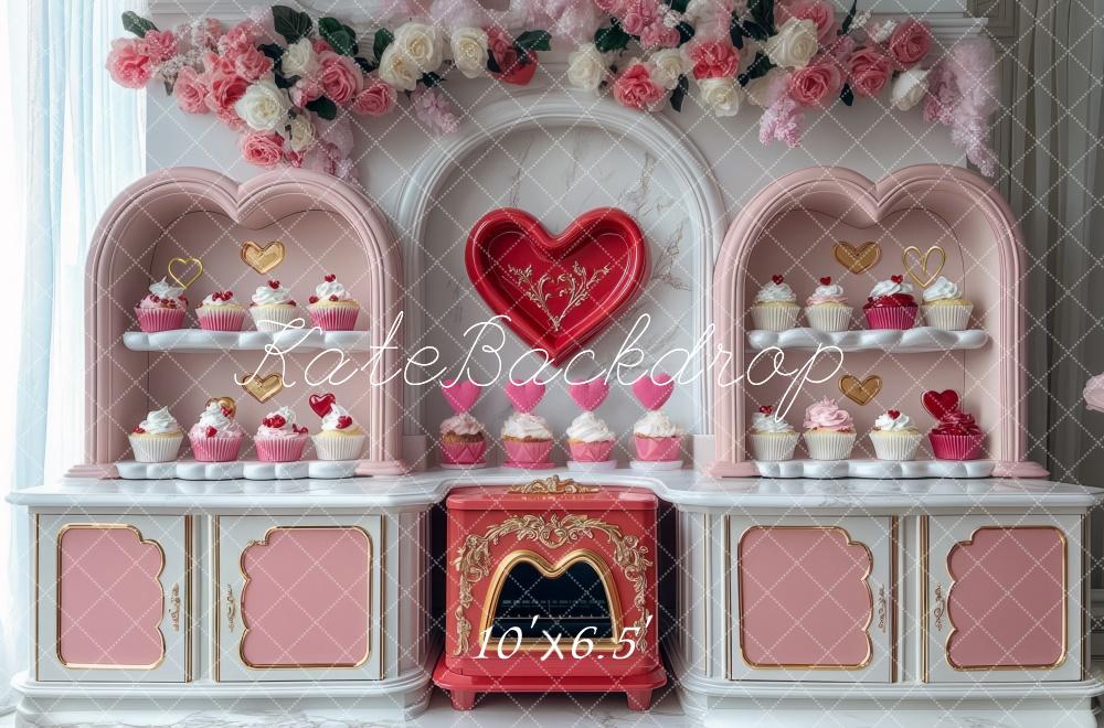 Kate Valentine Cupcake Pink Kitchen Heart Backdrop Designed by Mini MakeBelieve