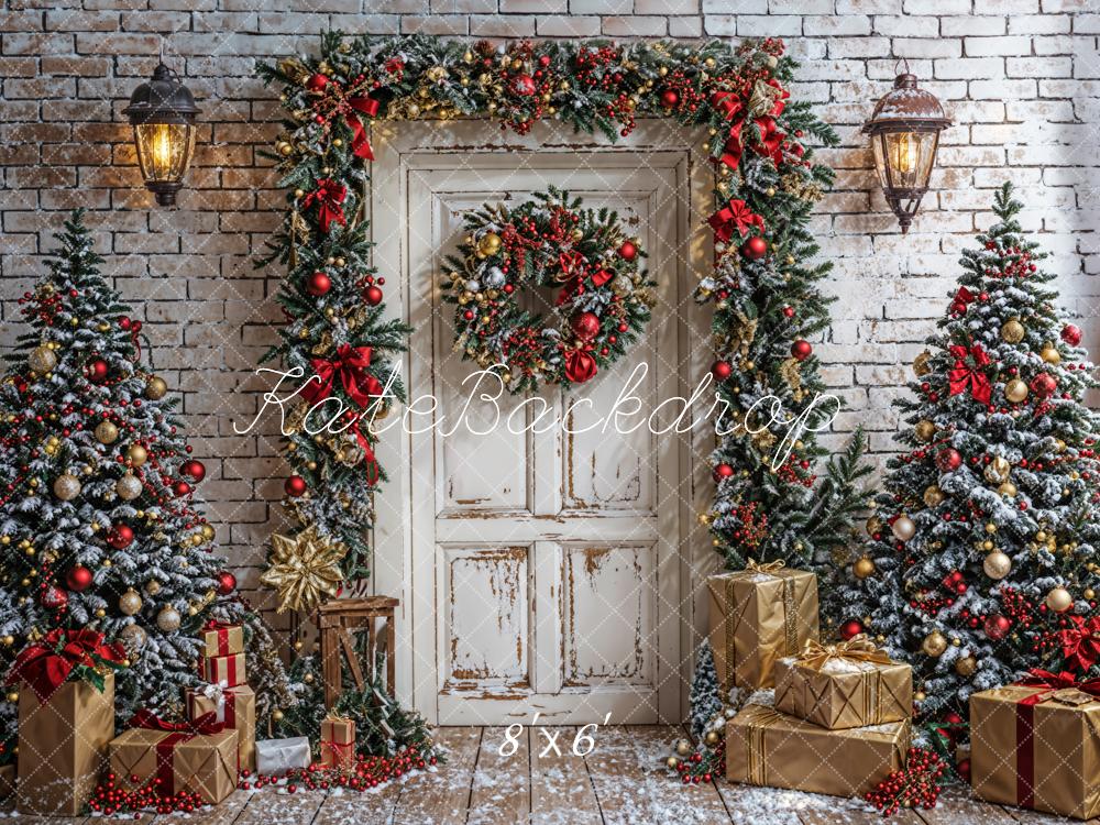 Kate Winter Christmas Tree White Door Gray Brick Wall Backdrop Designed by Emetselch