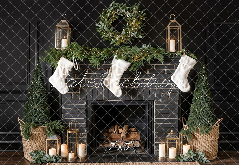 Kate Christmas White Sock Black Brick Fireplace Backdrop Designed by Emetselch