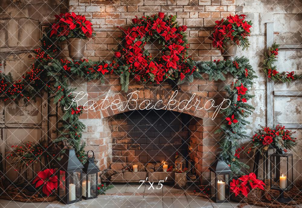 Kate Christmas Indoor Red Brick Fireplace Backdrop Designed by Emetselch