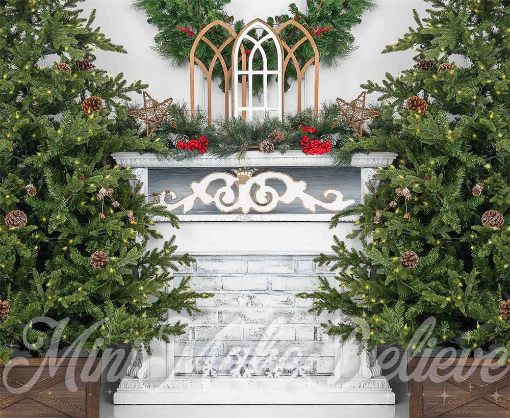 Kate Christmas White Vintage Brick Fireplace Backdrop Designed by Mini MakeBelieve