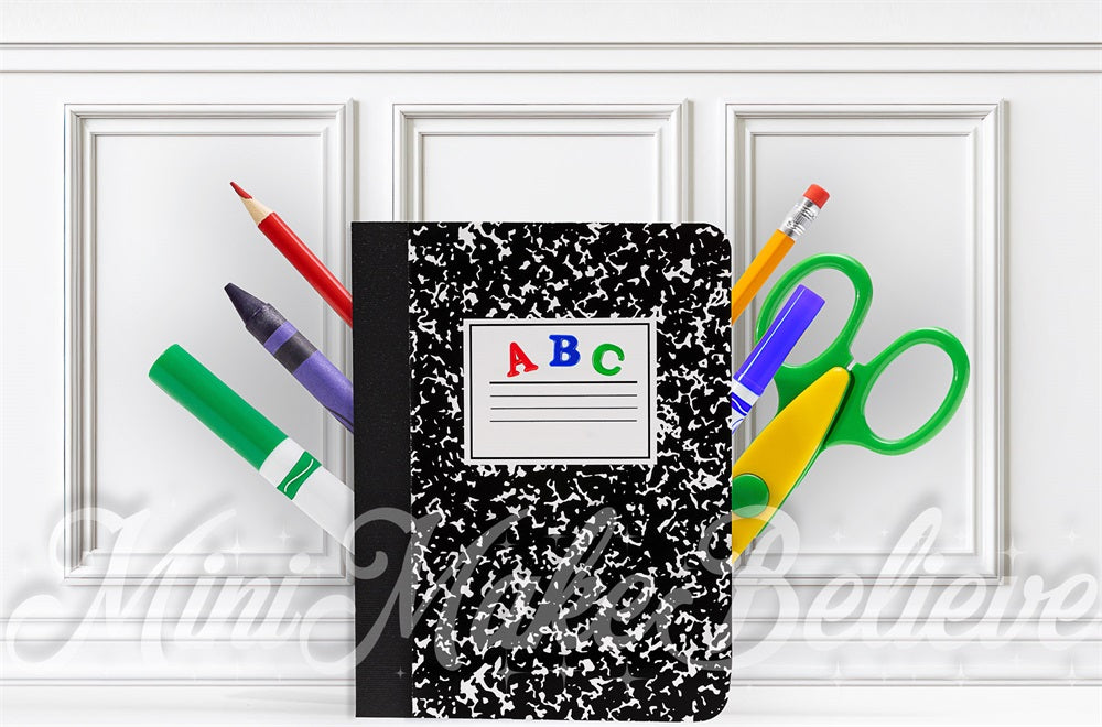 TEST Kate Back to School Giant Notebook White Retro Wall Backdrop Designed by Mini MakeBelieve