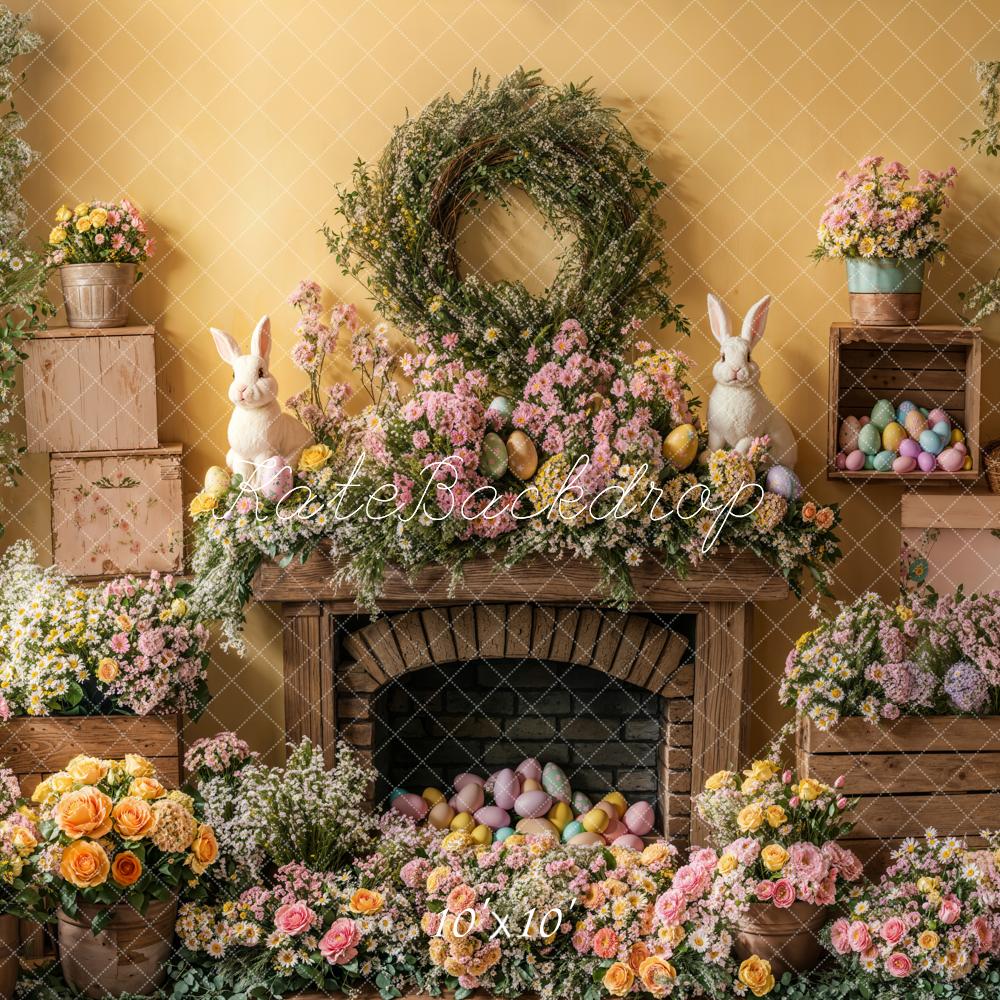 Kate Easter Bunny Floral Fireplace Backdrop Designed by Emetselch