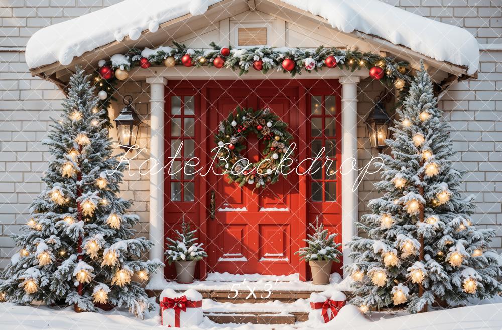 Kate Christmas Red Door Gray Brick Wall Snow House Backdrop Designed by Emetselch