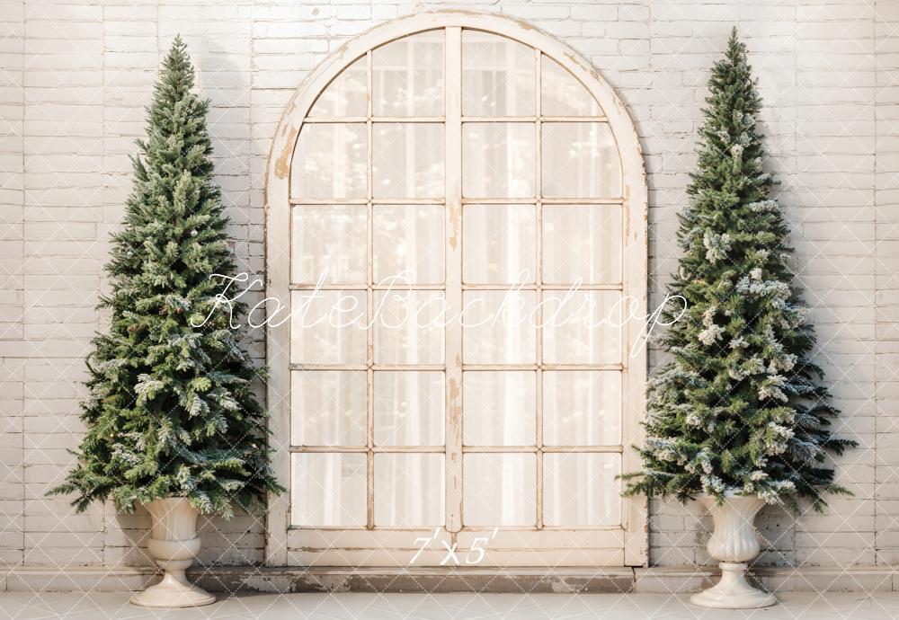 Kate Christmas Tree Retro Arched Window Brick Wall Backdrop Designed by Emetselch