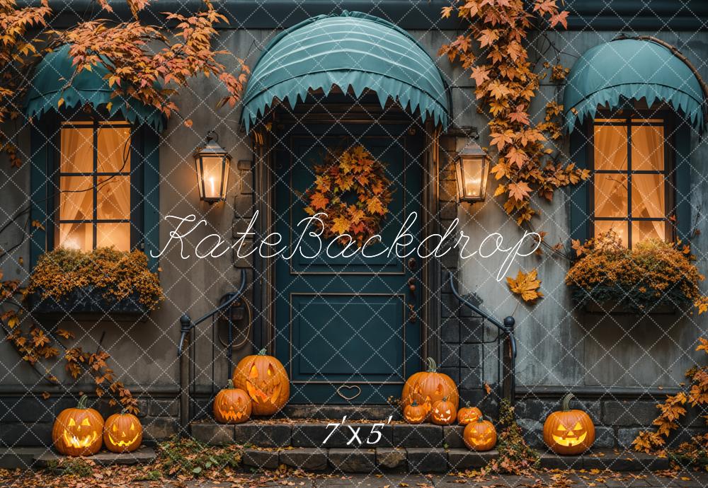 Kate Fall Halloween Maple Leaf Blue House Backdrop Designed by Emetselch