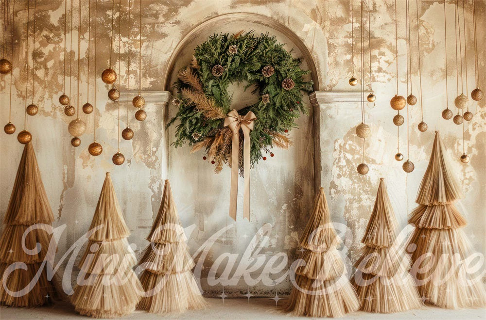 Kate Christmas Wreath Boho Vintage Beige Arched Wall Backdrop Designed by Mini MakeBelieve