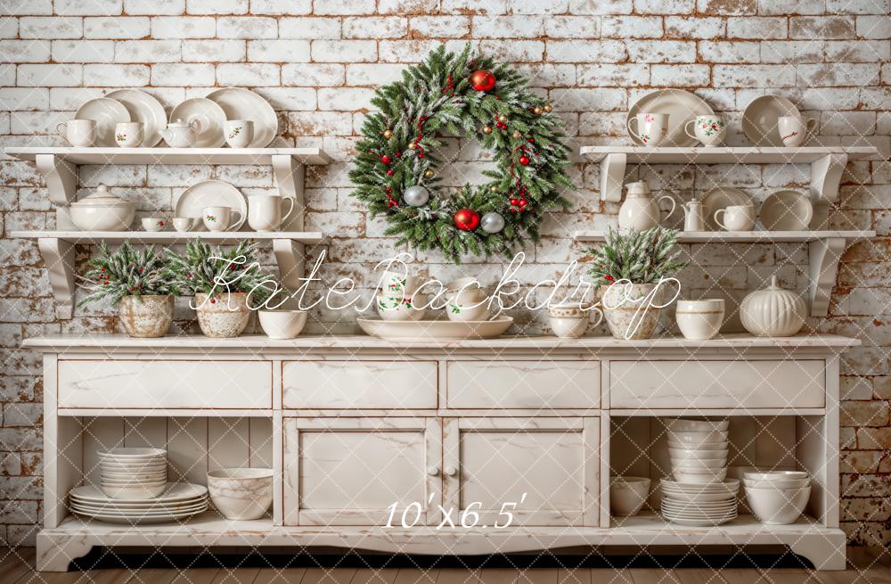 Kerst White Cabinet Brick Wall Wreath Foto Achtergrond Designed by Emetselch