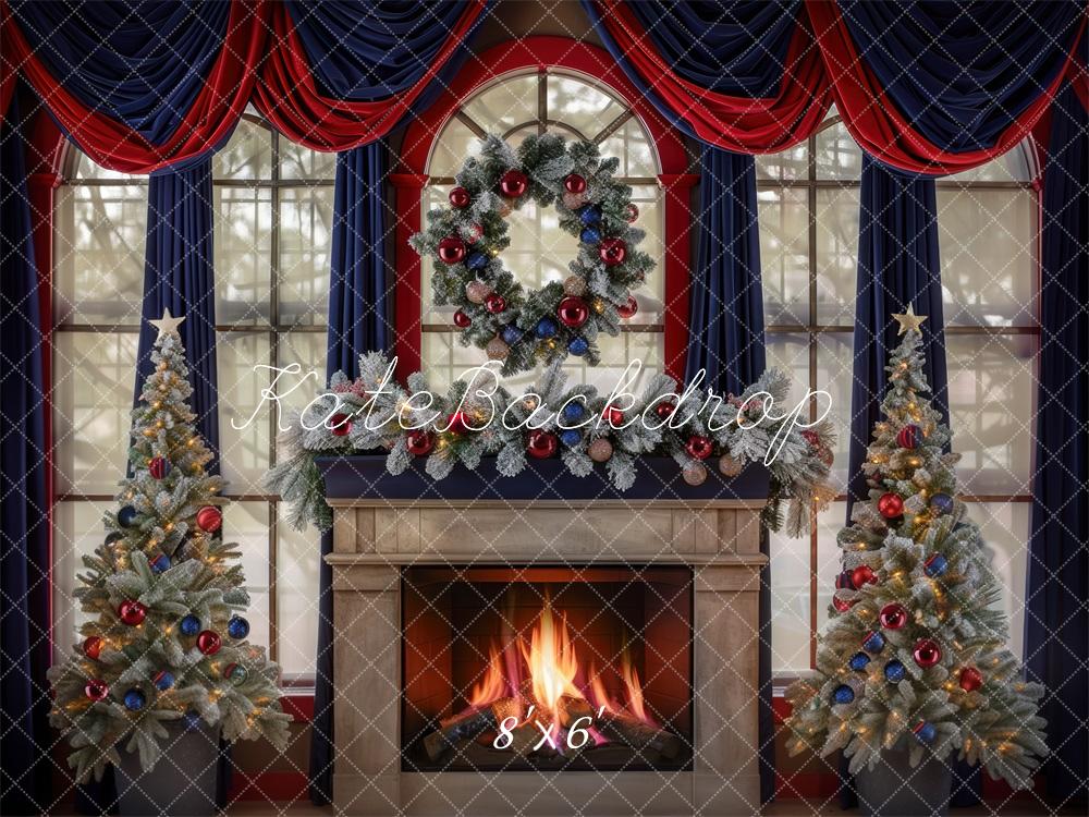 Kate Christmas Tree Navy Red Curtains Fireplace Backdrop Designed by Mini MakeBelieve