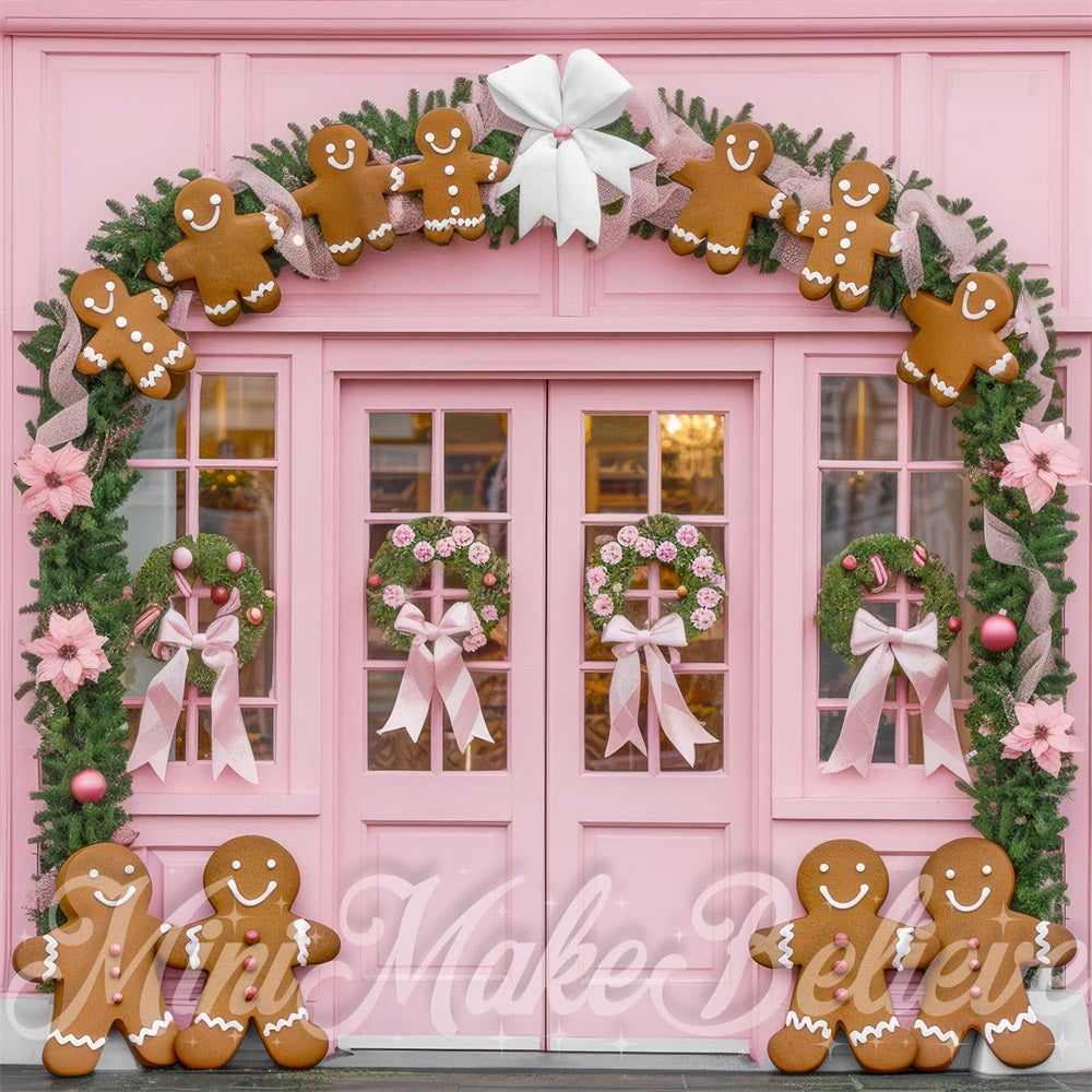 Sfondo negozio a tema Natale rosa in stile pan di zenzero disegnato da Mini MakeBelieve.