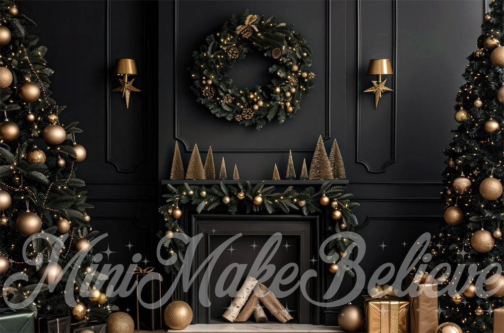 Kate Christmas Indoor Black Modern Fireplace Backdrop Designed by Mini MakeBelieve