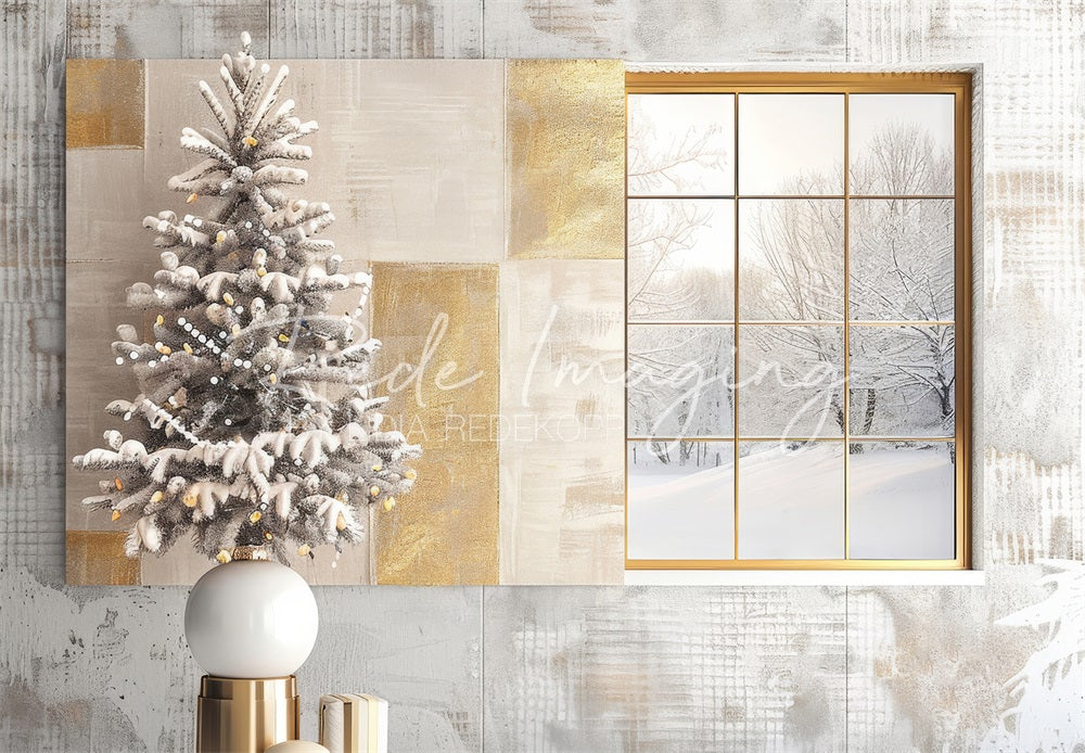 Kate Christmas Tree Modern White Gold Window Plaid Wall Backdrop Designed by Lidia Redekopp