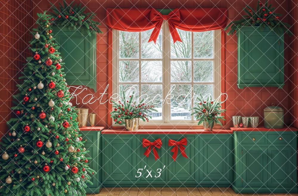 Kate Christmas Tree Kitchen Green Cabinets Red Wall Backdrop Designed by Emetselch