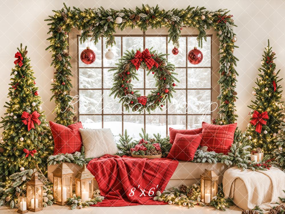 Kate Christmas Window Garland Red Blanket Backdrop Designed by Emetselch