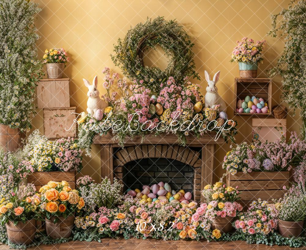 Kate Easter Bunny Floral Fireplace Backdrop Designed by Emetselch