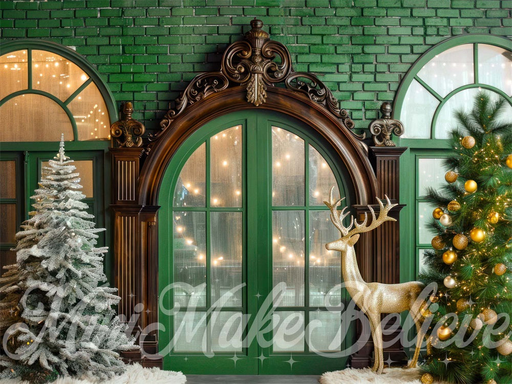 Kerst Golden Deer Retro Boog Raam Groene Bakstenen Wand Foto Achtergrond Designed by Mini MakeBelieve