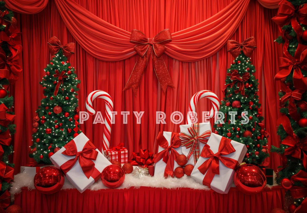 Kate Christmas Tree Red Curtain With Gifts Backdrop Designed by Patty Robert