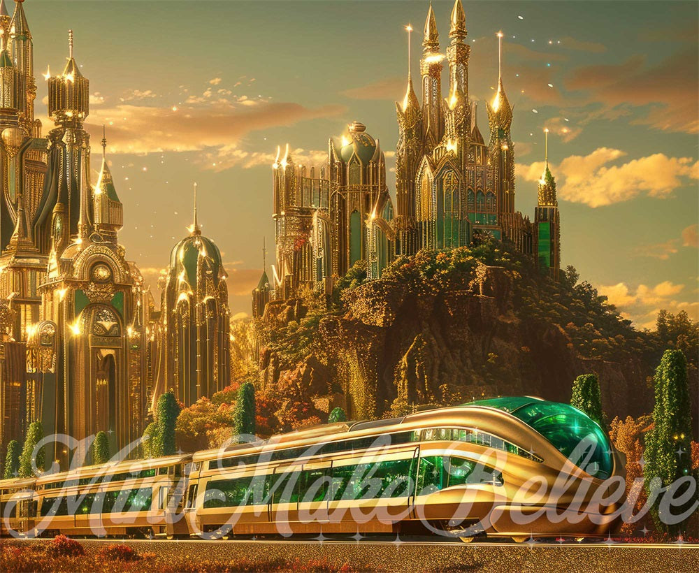 Kate Fantasy Retro Castle Green Wicked Emerald Modern Train Backdrop Designed by Mini MakeBelieve