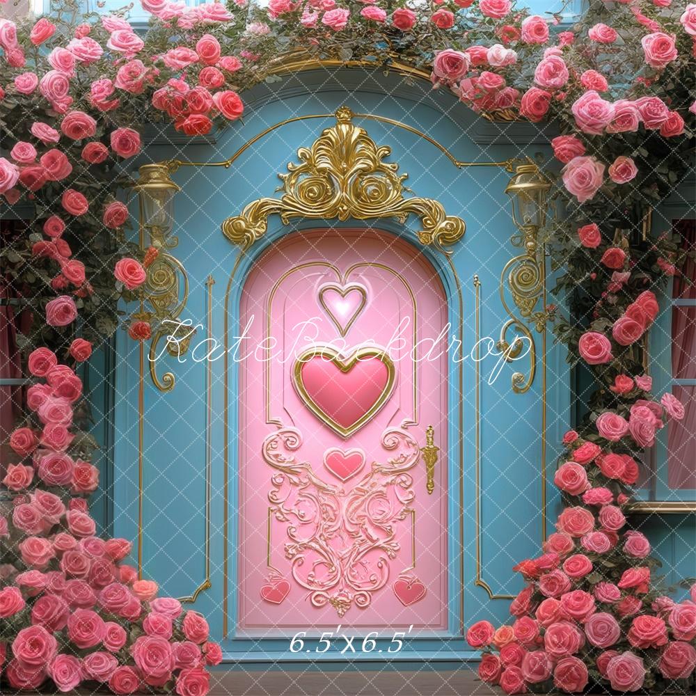 Valentine Pink Door Floral Arch Foto Achtergrond Designed by Mini MakeBelieve