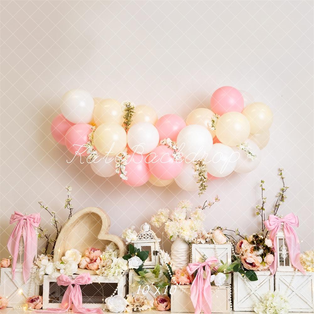 Kate Floral Balloon Heart Pink Bows Backdrop Designed by Megan Leigh Photography